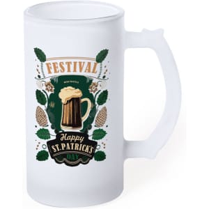 A frosted beer jug featuring a beer graphic, with green leaves and a festive design celebrating St. Patrick's Day.