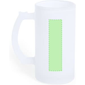 A drink bottle in a frosted white finish with a green blank section for customisation. It features a sturdy handle.