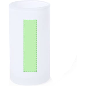 A drink bottle in a frosted white finish with a green rectangular design area and a logo.
