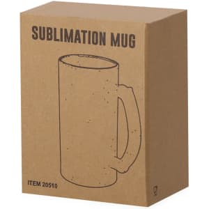 A drink bottle in a plain brown cardboard box featuring a simple line illustration of a sublimation mug.