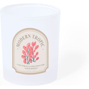 A frosted tumbler featuring a floral design with shades of pink and orange. It has a logo or branding on the surface.
