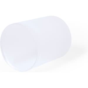A clear, frosted glass tumbler with a smooth surface and a rounded shape. Includes branding on the side.