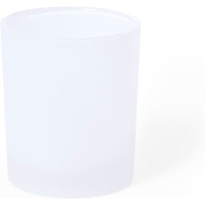 A frosted glass tumbler with a simple design and a transparent rim, featuring a logo.