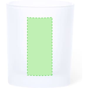 A frosted white glass tumbler with a rectangular green design area and a logo on the front.