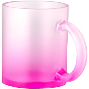 A pink and frosted mug with a transparent handle, featuring a gradient design from white to pink.