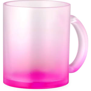 A pink and frosted mug with a smooth handle and a graduated colour design. Features a logo.
