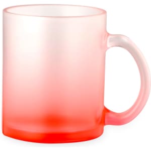 A coffee mug featuring a gradient design in pink and white, with a transparent handle and a sleek, modern look.