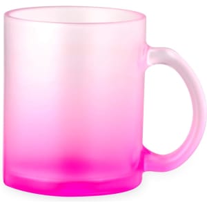 A pink ombre sublimation mug with a frosted finish and a sturdy handle, featuring a logo.