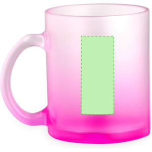 A pink and frosted glass mug with a handle, featuring a blank area for design.