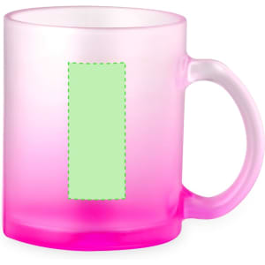 A pink and frosted drinkware mug with a blank square area for customization.