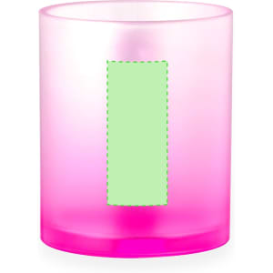 A pink and frosted drinkware piece featuring a green empty label space. It has a cylindrical design.