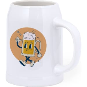 A white beer mug featuring a cartoon beer character with a smiling face and frothy top.