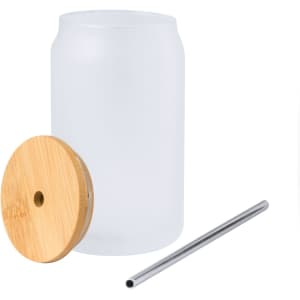 A drink bottle featuring a frosted jar, a bamboo lid, and a stainless steel straw. It has a subtle, elegant design.