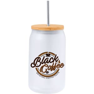 A drink bottle with a wooden lid, featuring a silver straw and a white body, adorned with a logo.