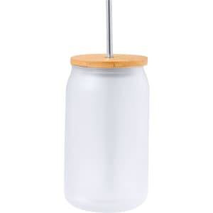 A drink bottle with a frosted finish, wooden lid, and stainless steel straw, ideal for drinks.