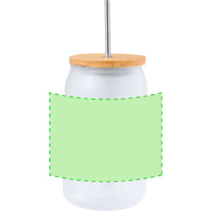 A drink bottle with a frosted glass finish, bamboo lid, and stainless steel straw, featuring a blank label space.