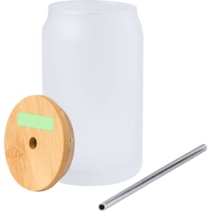 A drink bottle featuring a frosted jar design, a bamboo lid, and a stainless steel straw.