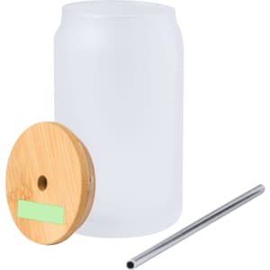 A drink bottle featuring a frosted glass jar, a wooden lid, and a stainless steel straw. It has a logo.