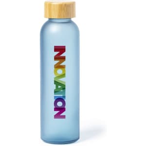 A drink bottle in a frosted blue finish with a bamboo lid and a colourful logo.