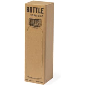 A drink bottle displayed in a cardboard box, featuring a bamboo-style lid and a sleek design.