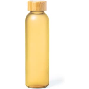A drink bottle in a translucent yellow hue with a bamboo lid and a simple design. It features a logo.