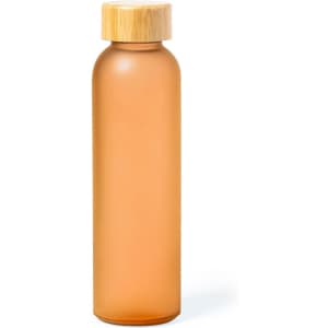 A drink bottle in a transparent orange hue with a wooden cap and a smooth finish. It features a logo.