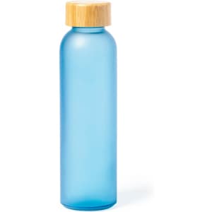 A drink bottle in a light blue hue with a wooden bamboo lid and a smooth, sleek design.