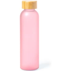 A drink bottle with a pink body and a bamboo lid, featuring a logo on the side.