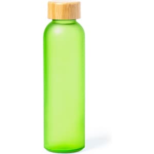 A drink bottle in vibrant green with a bamboo lid, featuring a simple, modern design.