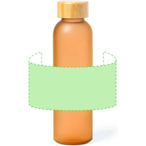 A drink bottle in amber with a bamboo lid, featuring a section for custom branding or design.