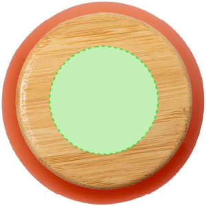 A drink bottle with a bamboo lid and a vibrant orange body, featuring a circular green centre and a logo.
