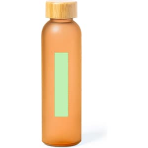 A drink bottle in orange with a bamboo lid and a blank green label area. Features a logo on the bottle.
