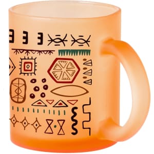 A frosted orange mug featuring various abstract patterns and shapes, with a sturdy handle and a branded logo.