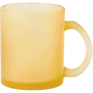 A frosted yellow coffee mug with a smooth handle, featuring a simple design and a logo.