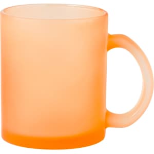 An orange frosted mug with a rounded handle and a smooth surface, featuring a branding logo.