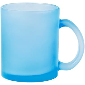A blue sublimation mug with a frosted finish and a handle, featuring a logo.