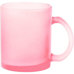 A pink frosted coffee mug with a handle and a smooth, matte finish. It features a logo.