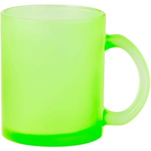 A drinkware mug in a vibrant translucent green colour with a handle and a smooth finish.