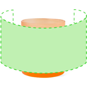 A coffee mug in orange and transparent colours, featuring a blank green area for custom designs.