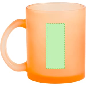 An orange frosted coffee mug with a blank area for custom designs and a handle.