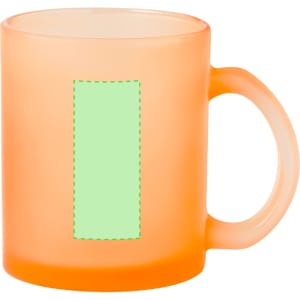 An orange frosted coffee mug featuring a blank area for custom designs. It has a comfortable handle.