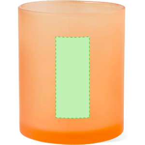 An orange frosted mug with a blank green area for custom designs. It has a smooth finish and a rounded shape.
