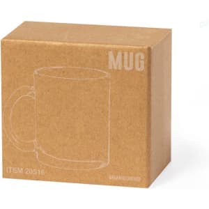 A brown box packaging for a white coffee mug, featuring a simple outline illustration of the mug and a logo.
