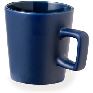A navy blue coffee mug with a unique handle and a smooth finish. It has a simple, modern design.