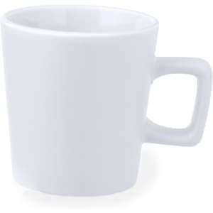 A white coffee mug with a square handle and a simple design. It features a branding logo.
