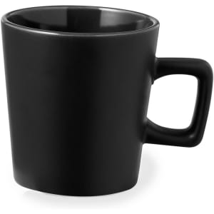 A black coffee mug with a smooth finish and a sturdy handle. It features a simple, modern design.