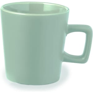 A mint green coffee mug with a sturdy handle and a smooth finish, featuring a branding logo.