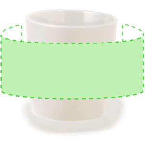 A white coffee mug with a simple design, featuring a logo or branding on its surface.