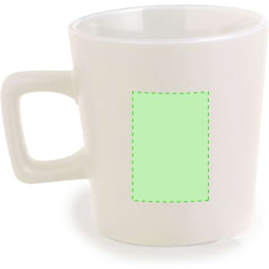 A white coffee mug with a rectangular area for customisation. The mug has a simple handle design.