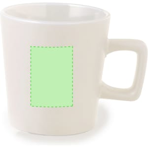 A white coffee mug with a square area designed for custom graphics or designs. Features a handle for easy gripping.